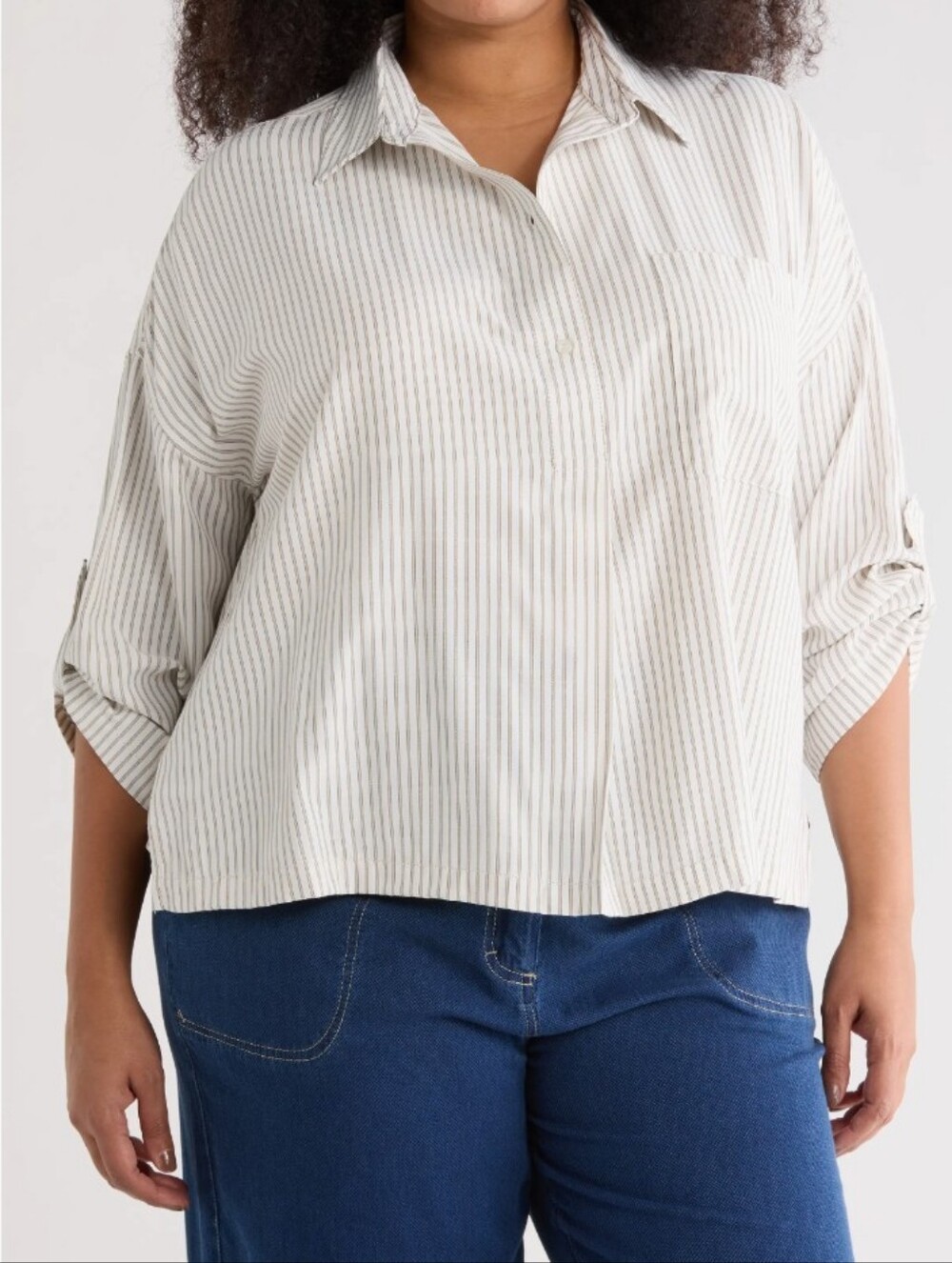 Max Studio - Tan Striped Half Button-Up Shirt - 3X NWT